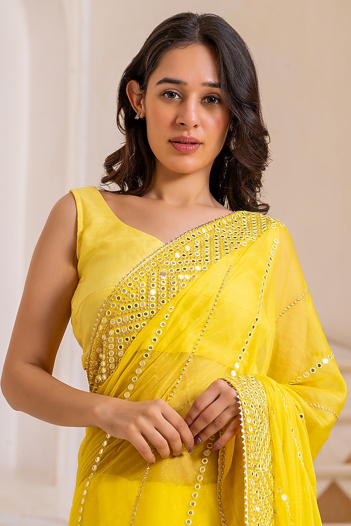 Yellow Ombre Blended Fabric Mirror Embroidered Saree by House Of Jamoti at Pernia's Pop Up Shop