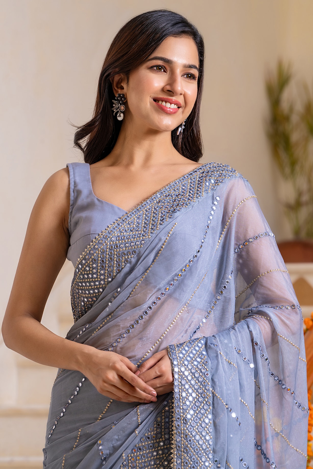 Grey Ombre Blended Fabric Mirror Embroidered Saree Design by House