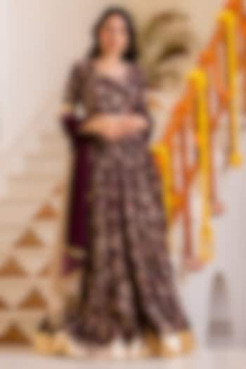 Maroon Chanderi Floral Printed Tiered Lehenga Set by House Of Jamoti at Pernia's Pop Up Shop