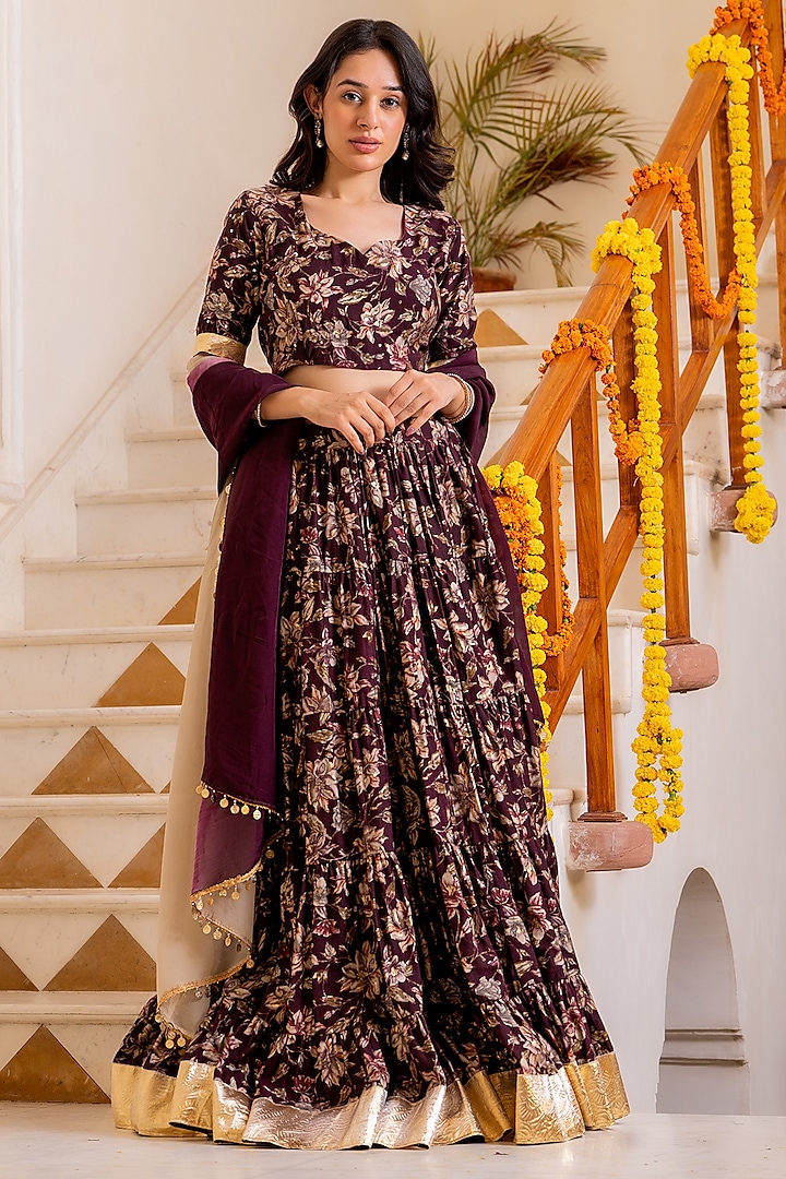 Maroon Chanderi Floral Printed Tiered Lehenga Set by House Of Jamoti at Pernia's Pop Up Shop