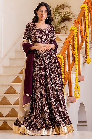 Maroon Chanderi Floral Printed Tiered Lehenga Set by House Of Jamoti