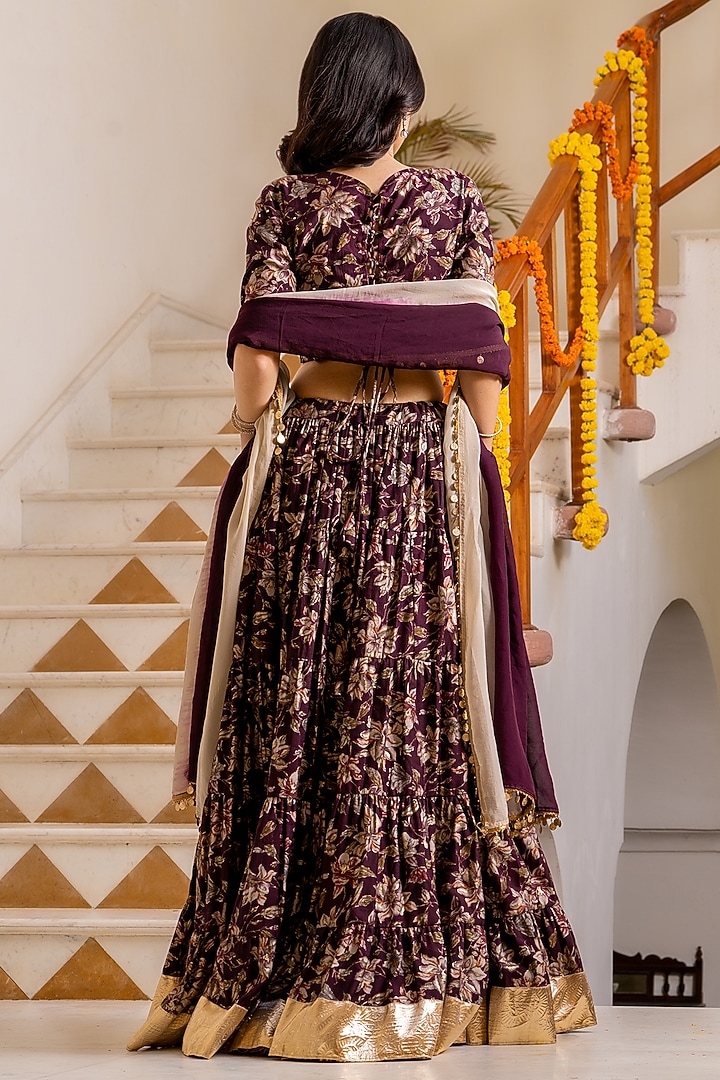 Maroon Chanderi Floral Printed Tiered Lehenga Set by House Of Jamoti at Pernia's Pop Up Shop