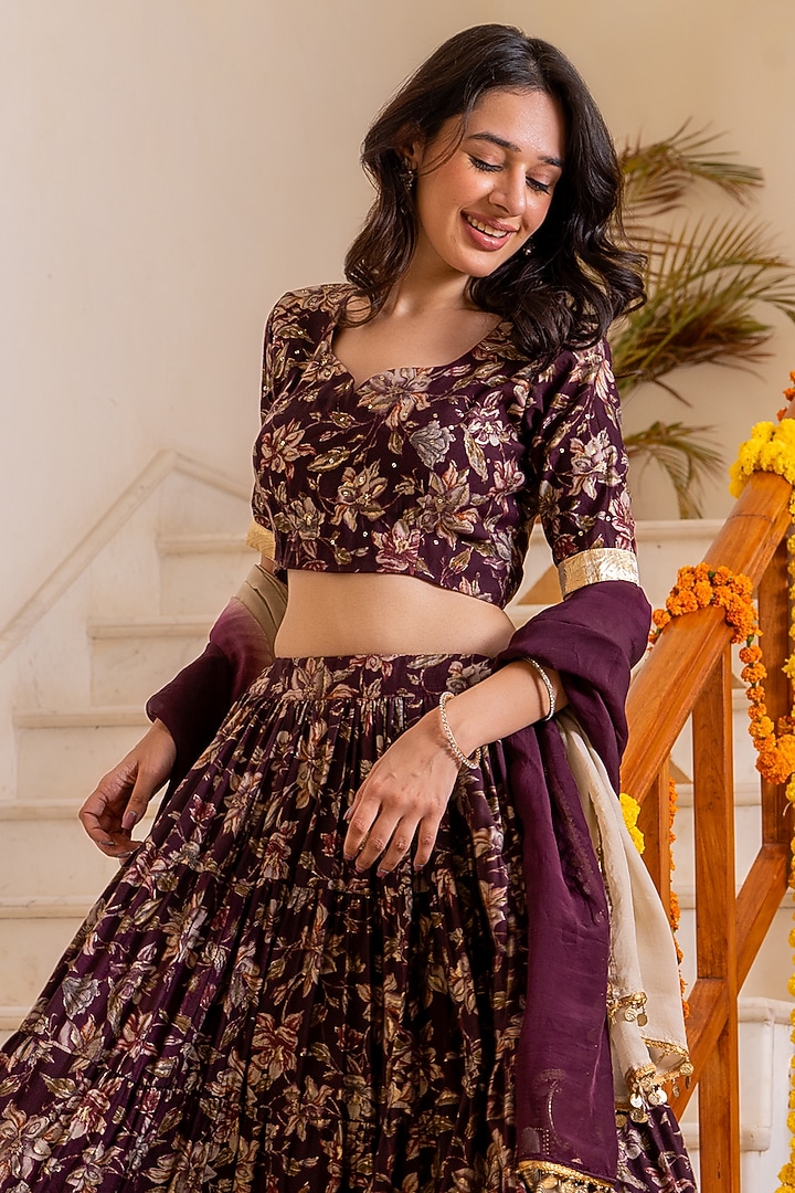 Maroon Chanderi Floral Printed Tiered Lehenga Set by House Of Jamoti at Pernia's Pop Up Shop