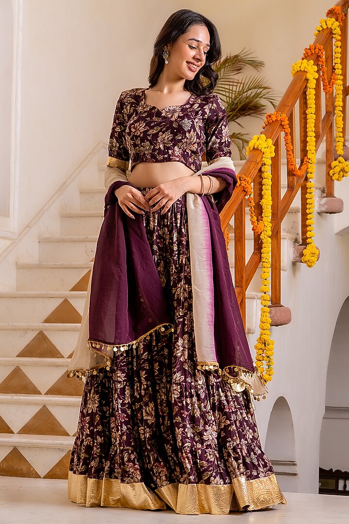 Maroon Chanderi Floral Printed Tiered Lehenga Set by House Of Jamoti at Pernia's Pop Up Shop
