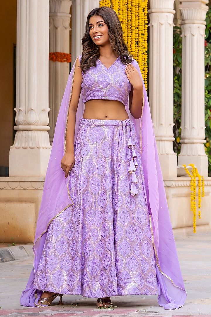 Periwinkle Lavender Georgette Embroidered Kalidar Lehenga Set by House Of Jamoti at Pernia's Pop Up Shop