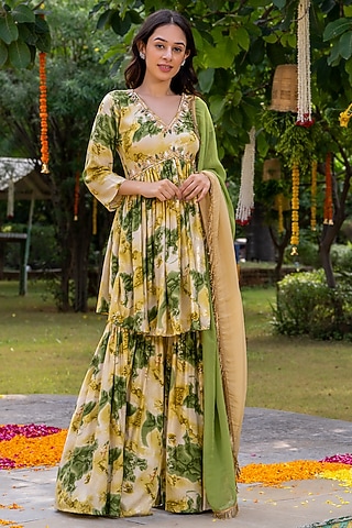 Green Rayon Sharara Set by House Of Jamoti