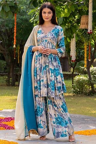 Turquoise Rayon Sharara Set by House Of Jamoti