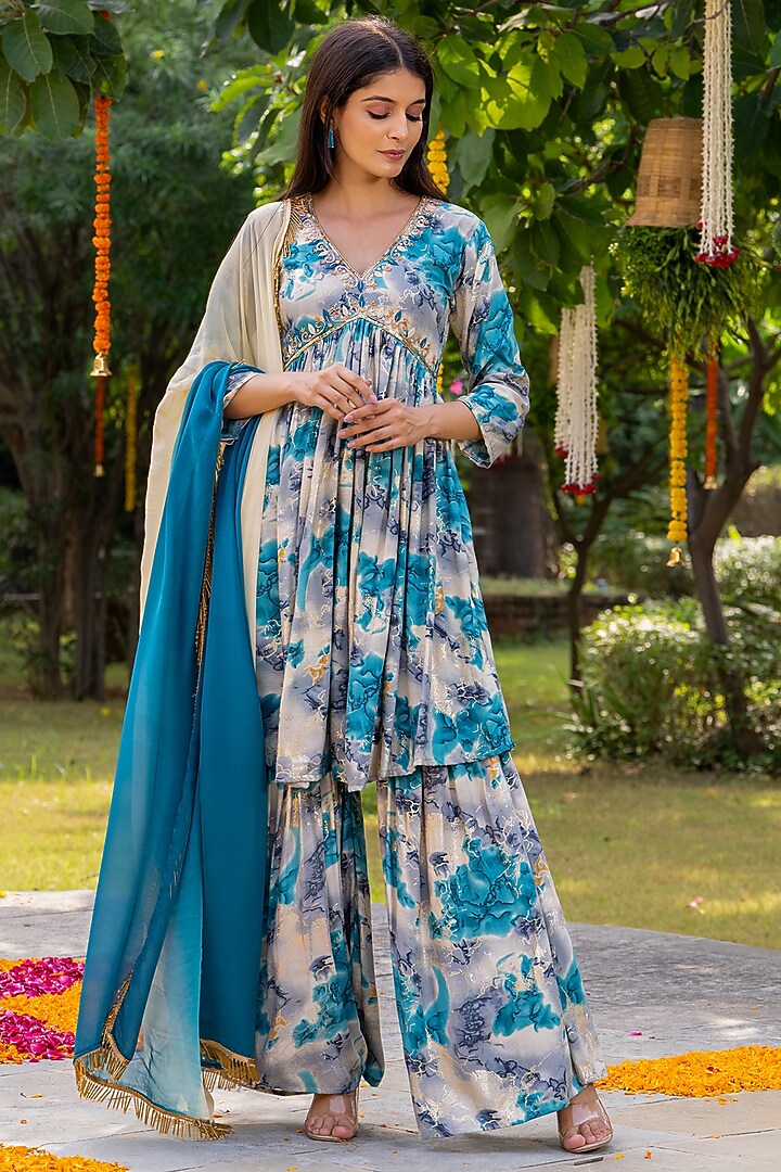 Turquoise Rayon Sharara Set by House Of Jamoti at Pernia's Pop Up Shop