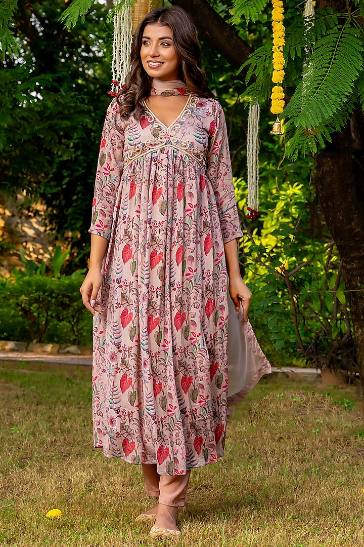 Brown Chinnon Printed Anarkali Set by House Of Jamoti at Pernia's Pop Up Shop