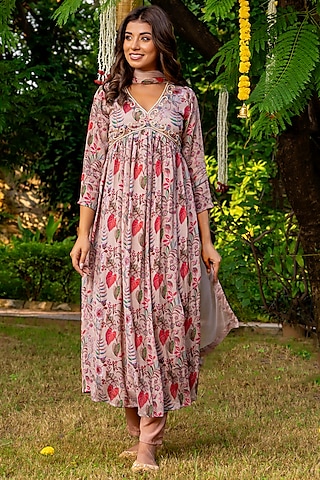 Brown Chinnon Printed Anarkali Set by House Of Jamoti