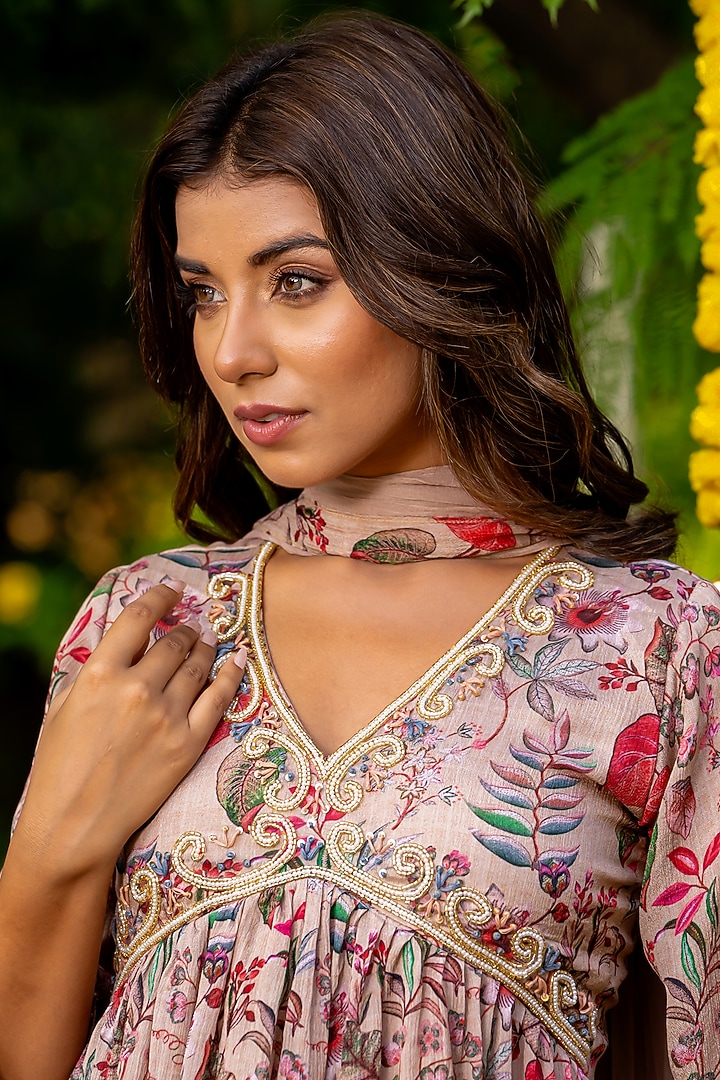Brown Chinnon Printed Anarkali Set by House Of Jamoti at Pernia's Pop Up Shop