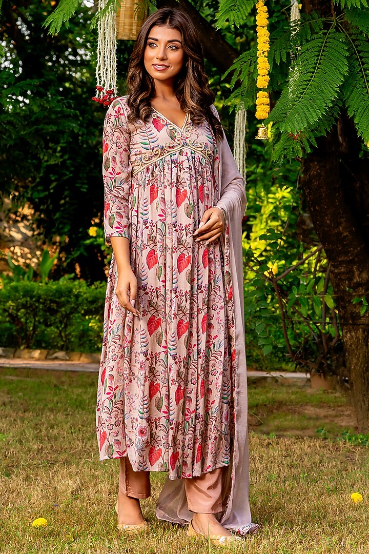 Brown Chinnon Printed Anarkali Set by House Of Jamoti at Pernia's Pop Up Shop