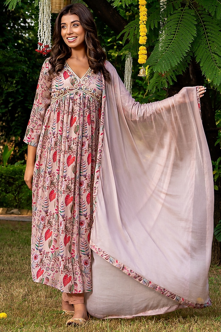 Brown Chinnon Printed Anarkali Set by House Of Jamoti at Pernia's Pop Up Shop