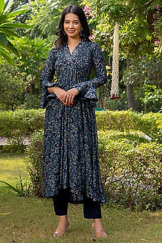 Prussian Blue Chanderi Printed Gathered Kurta Set by House Of Jamoti