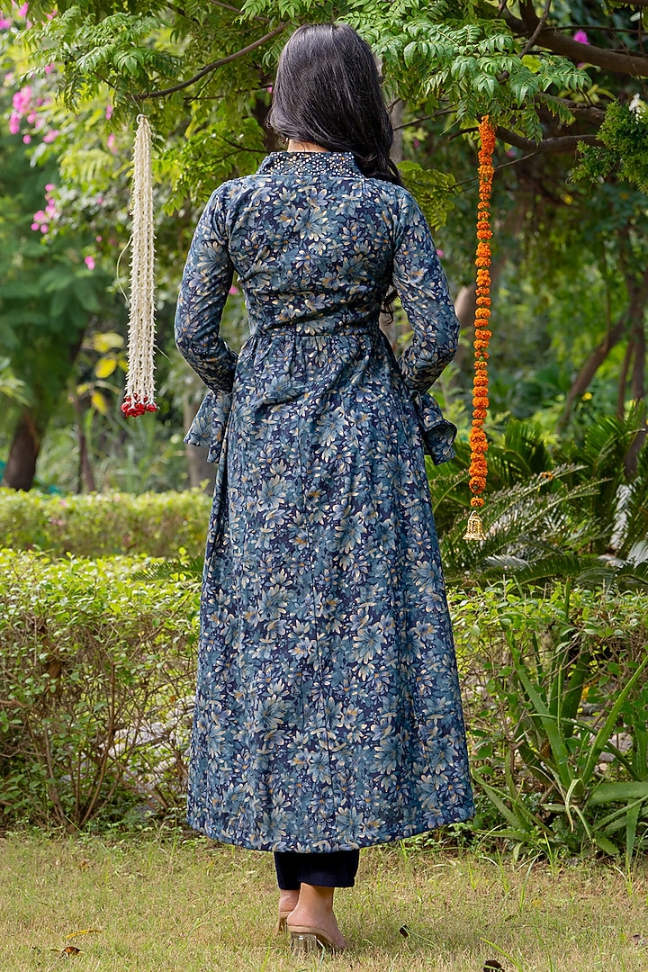 Prussian Blue Chanderi Printed Gathered Kurta Set by House Of Jamoti at Pernia's Pop Up Shop