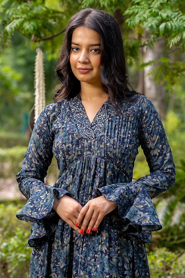 Prussian Blue Chanderi Printed Gathered Kurta Set by House Of Jamoti at Pernia's Pop Up Shop