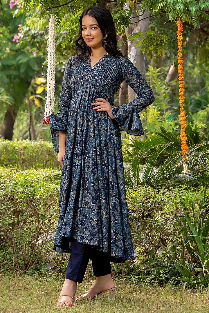 Prussian Blue Chanderi Printed Gathered Kurta Set by House Of Jamoti at Pernia's Pop Up Shop