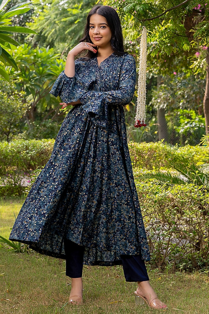 Prussian Blue Chanderi Printed Gathered Kurta Set by House Of Jamoti at Pernia's Pop Up Shop