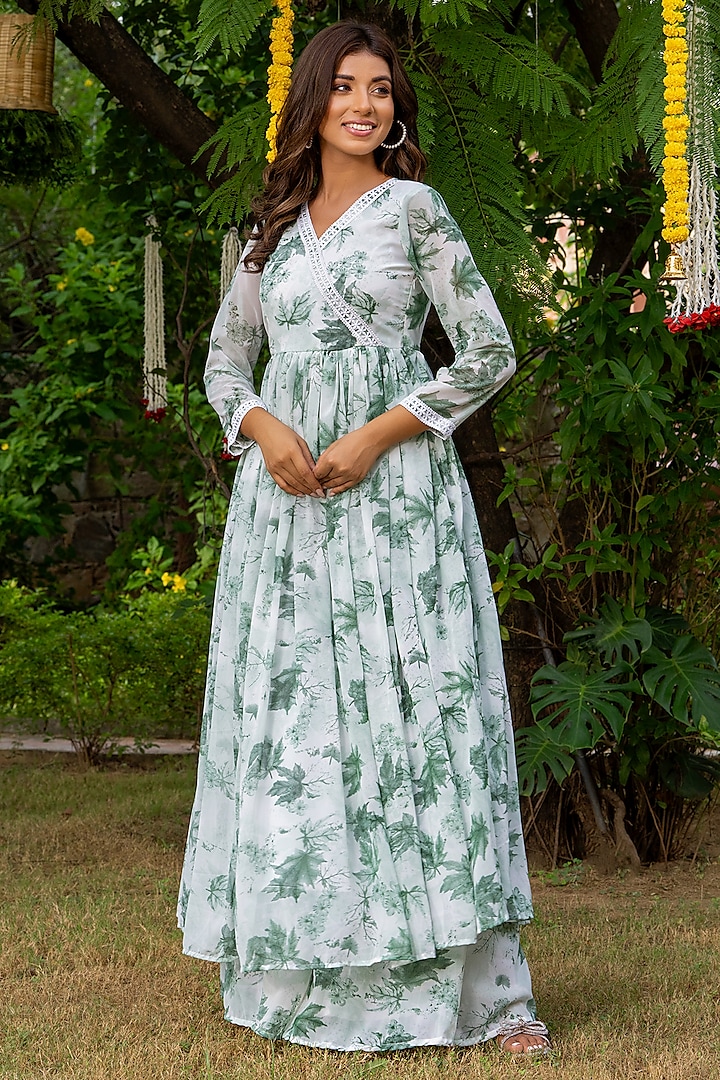 Mint Green Georgette Floral Printed Angrakha Kurta Set by House Of Jamoti at Pernia's Pop Up Shop