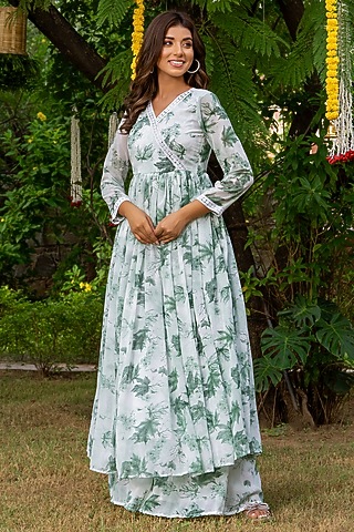 Mint Green Georgette Floral Printed Angrakha Kurta Set by House Of Jamoti