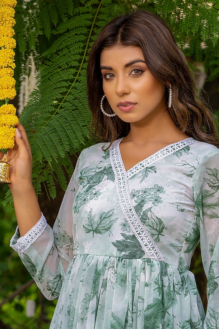 Mint Green Georgette Floral Printed Angrakha Kurta Set by House Of Jamoti at Pernia's Pop Up Shop
