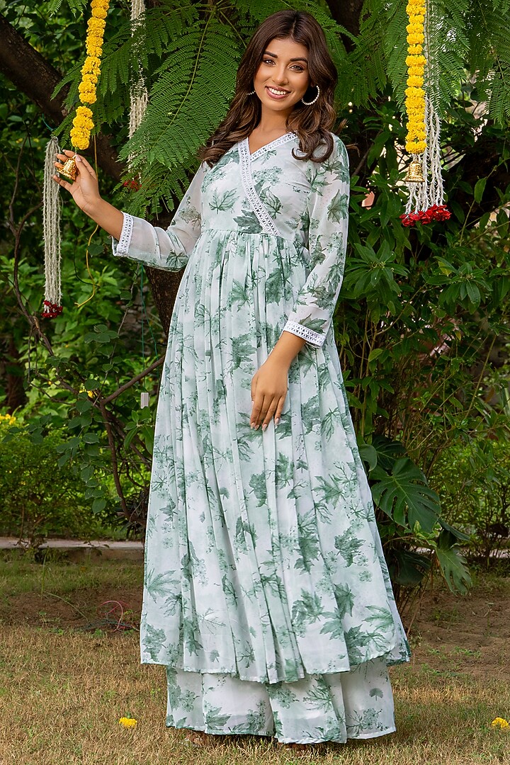 Mint Green Georgette Floral Printed Angrakha Kurta Set by House Of Jamoti at Pernia's Pop Up Shop