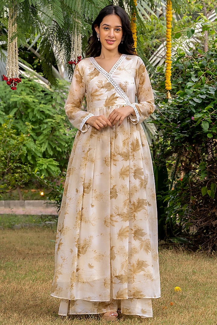 Apricot Georgette Floral Printed Angrakha Kurta Set by House Of Jamoti at Pernia's Pop Up Shop