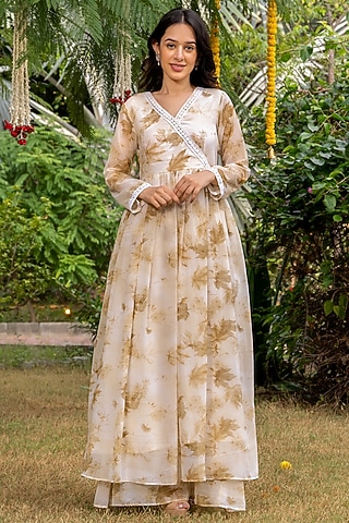Apricot Georgette Floral Printed Angrakha Kurta Set by House Of Jamoti
