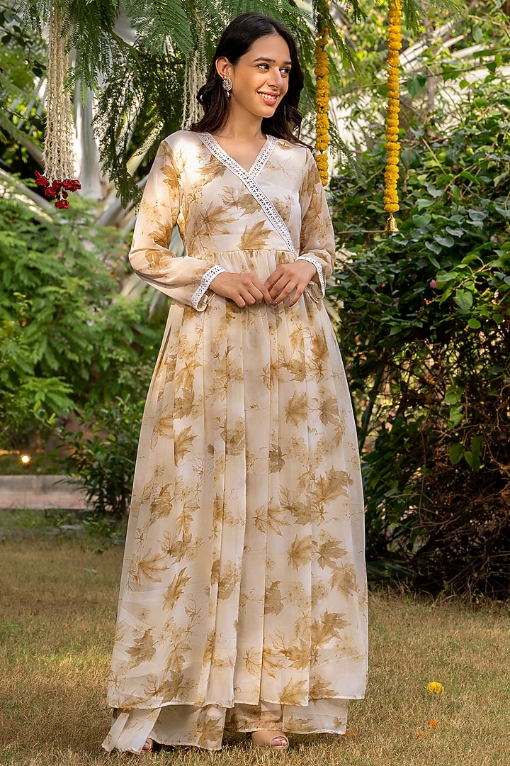 Apricot Georgette Floral Printed Angrakha Kurta Set by House Of Jamoti at Pernia's Pop Up Shop