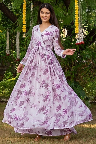 Dusty Pink Georgette Floral Printed Angrakha Kurta Set by House Of Jamoti