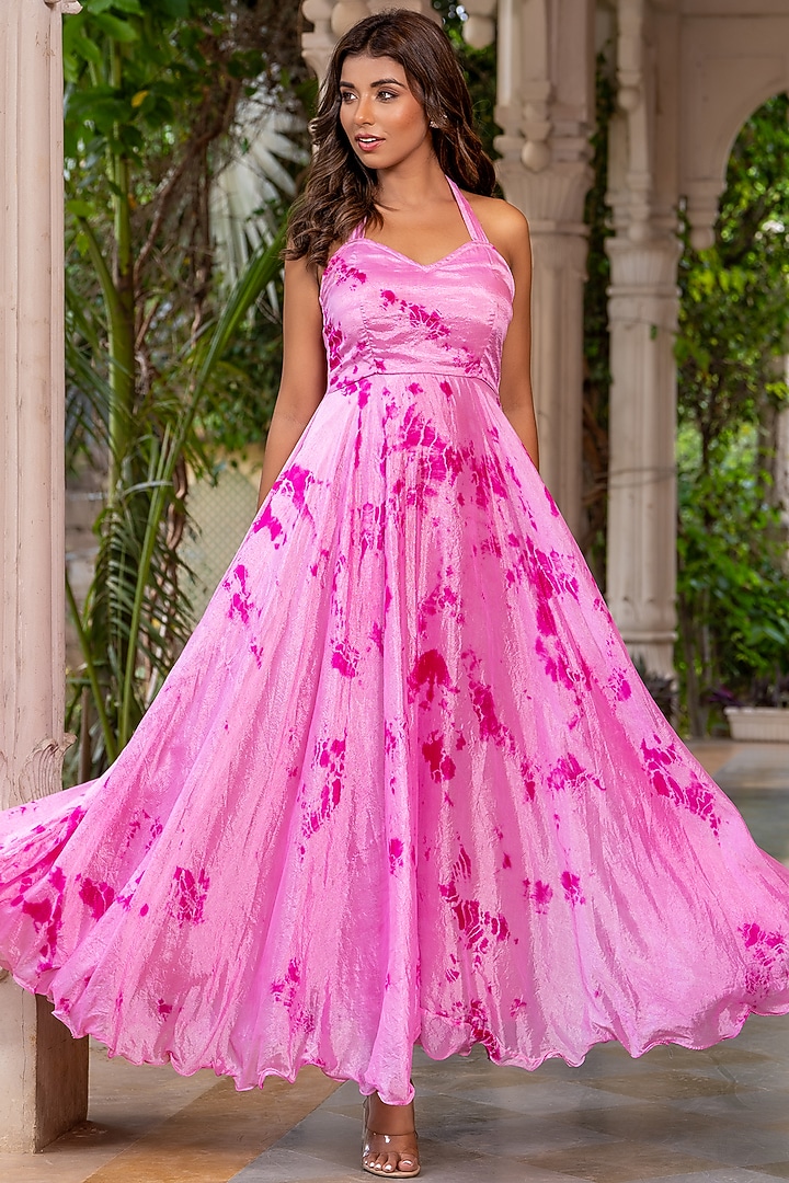 Pink Georgette Shibori Tie-Dye Printed Maxi Summer Dress by House Of Jamoti at Pernia's Pop Up Shop