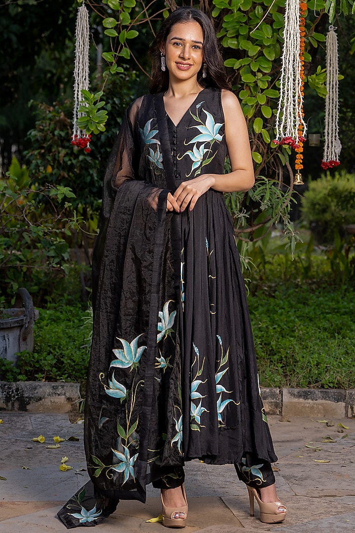 Midnight Black Hand Painted Anarkali Set by House Of Jamoti