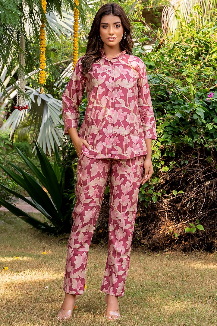 Brick Red Chanderi Floral Printed Co-Ord Set by House Of Jamoti at Pernia's Pop Up Shop