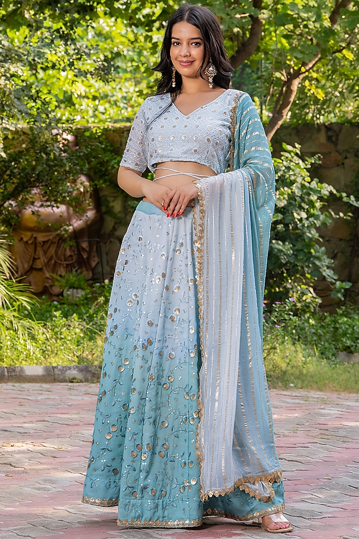 Ocean Blue Georgette Embellished Kalidar Lehenga Set by House Of Jamoti at Pernia's Pop Up Shop