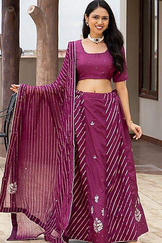 Wine Silk Blend Lehenga Set by House Of Jamoti