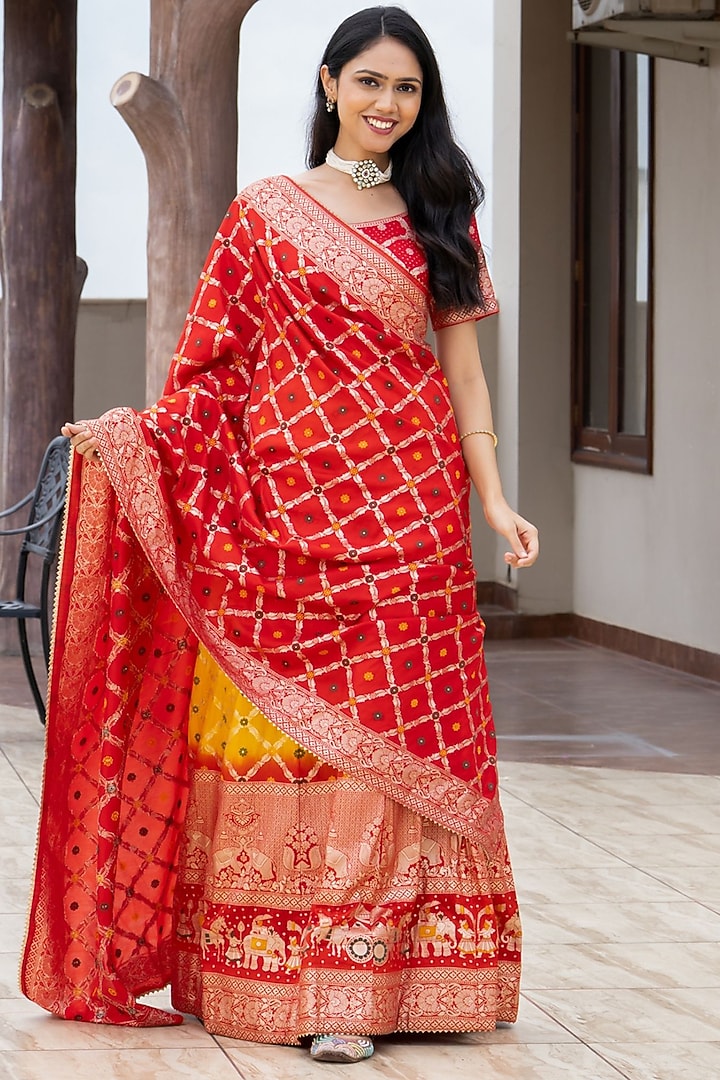 Yellow & Red Silk Blend Lehenga Set by House Of Jamoti at Pernia's Pop Up Shop