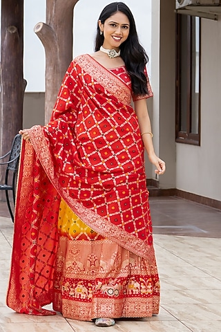 Yellow & Red Silk Blend Lehenga Set by House Of Jamoti