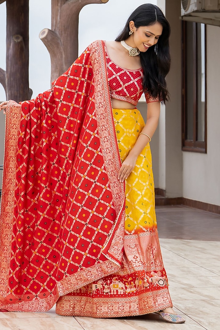 Yellow & Red Silk Blend Lehenga Set by House Of Jamoti at Pernia's Pop Up Shop