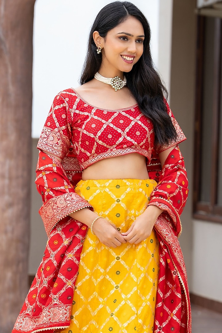 Yellow & Red Silk Blend Lehenga Set by House Of Jamoti at Pernia's Pop Up Shop