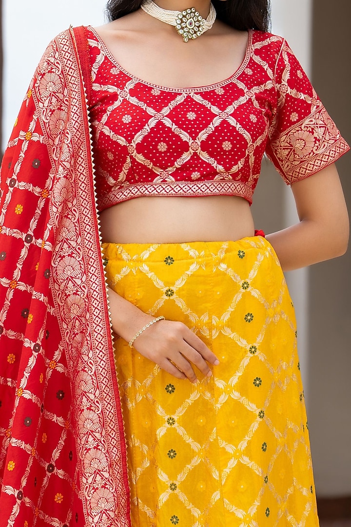 Yellow & Red Silk Blend Lehenga Set by House Of Jamoti at Pernia's Pop Up Shop