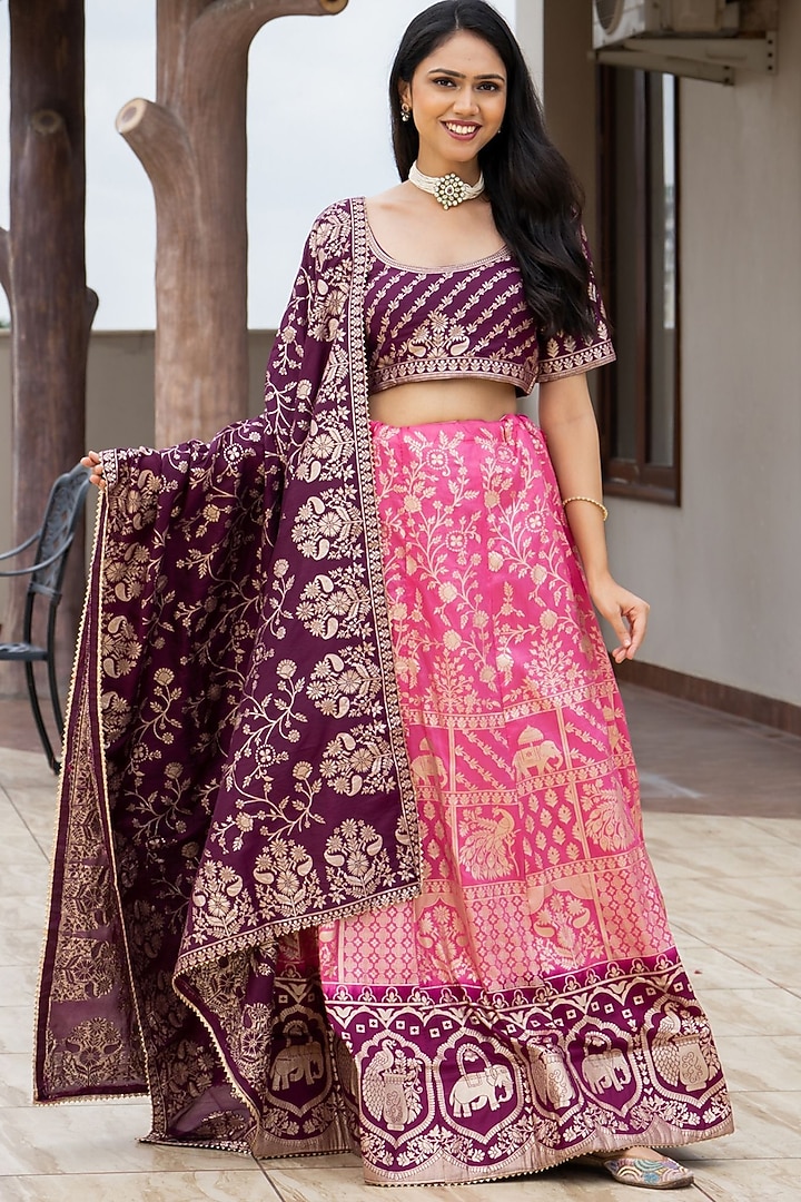 Pink & Burgundy Silk Blend Lehenga Set by House Of Jamoti at Pernia's Pop Up Shop