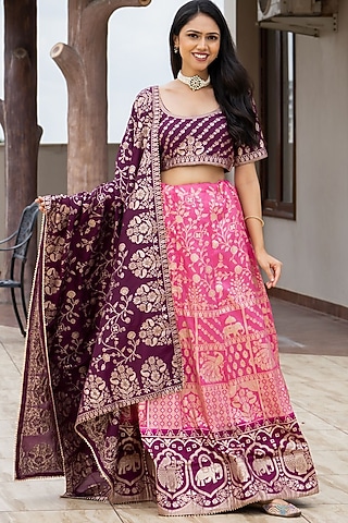 Pink & Burgundy Silk Blend Lehenga Set by House Of Jamoti