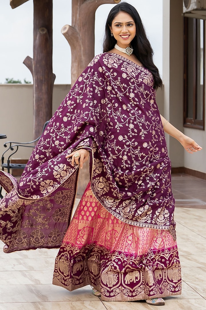 Pink & Burgundy Silk Blend Lehenga Set by House Of Jamoti at Pernia's Pop Up Shop
