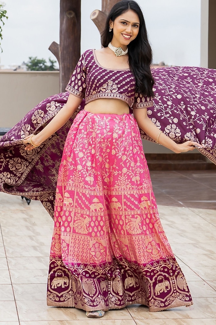 Pink & Burgundy Silk Blend Lehenga Set by House Of Jamoti at Pernia's Pop Up Shop
