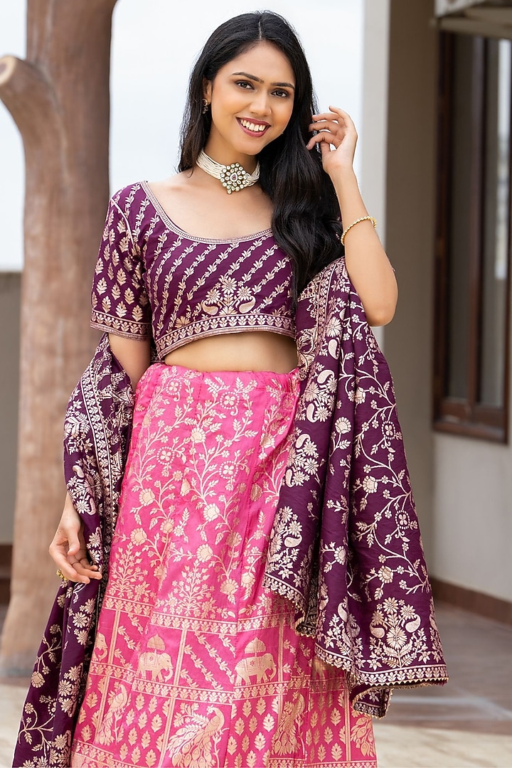 Pink & Burgundy Silk Blend Lehenga Set by House Of Jamoti at Pernia's Pop Up Shop