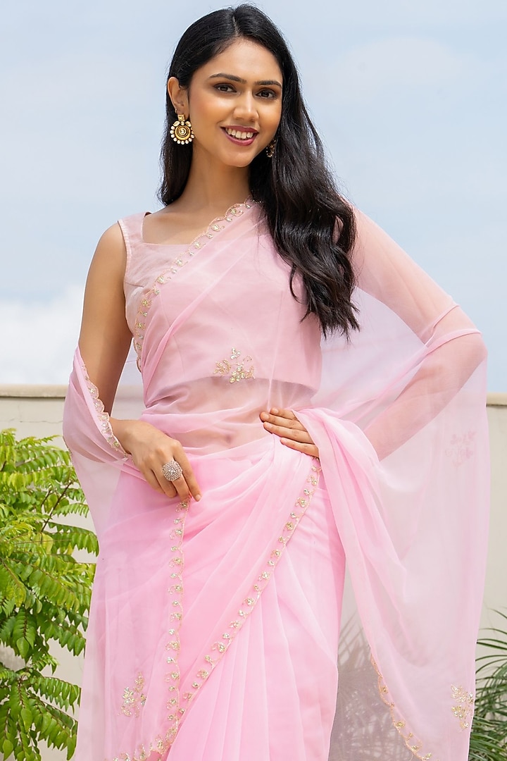 Pink Georgette Festive Saree Set by House Of Jamoti at Pernia's Pop Up Shop