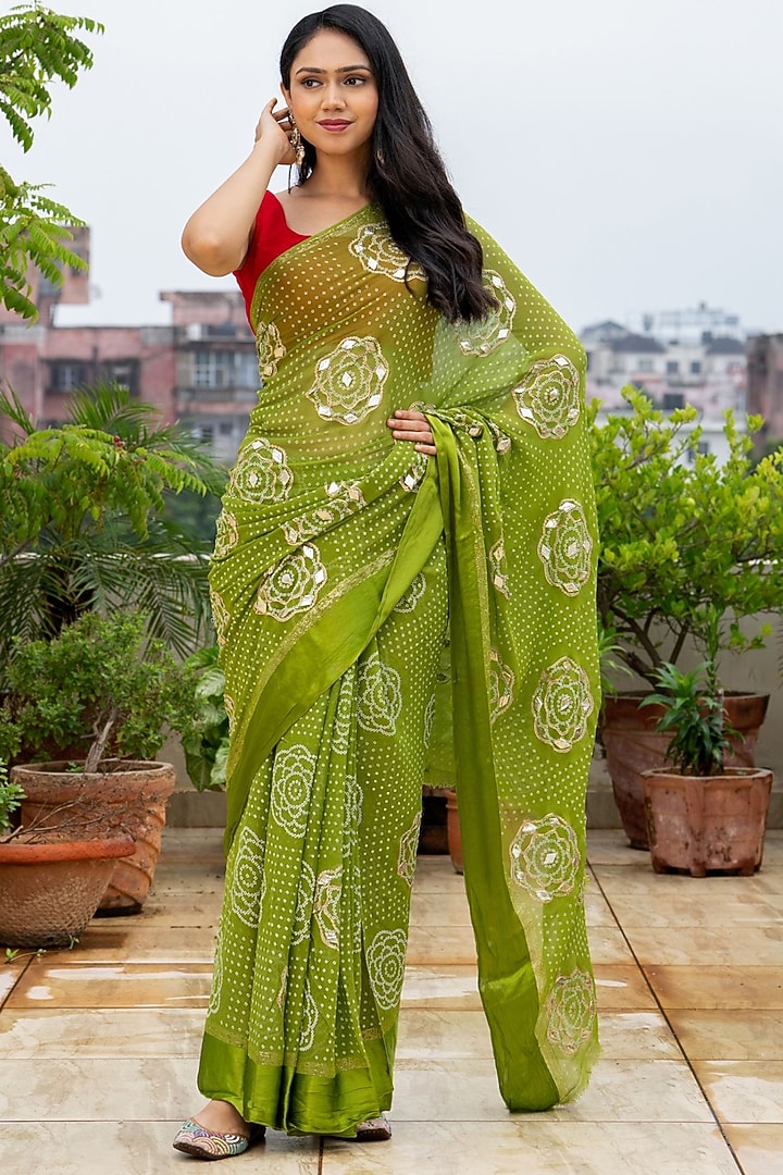 Green Georgette Motif Festive Saree Set by House Of Jamoti at Pernia's Pop Up Shop