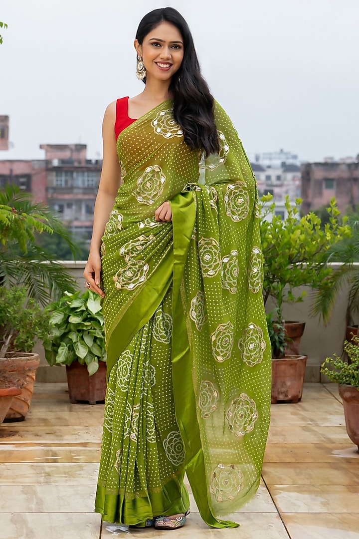 Green Georgette Motif Festive Saree Set by House Of Jamoti at Pernia's Pop Up Shop