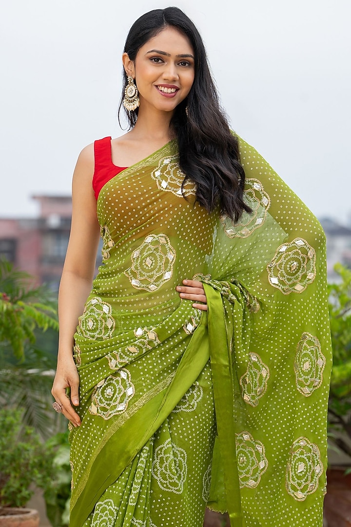Green Georgette Motif Festive Saree Set by House Of Jamoti at Pernia's Pop Up Shop