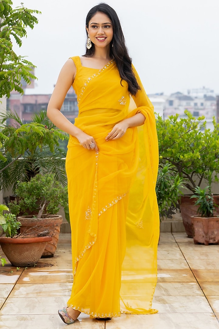 Yellow Georgette Embroidered Festive Saree Set by House Of Jamoti at Pernia's Pop Up Shop